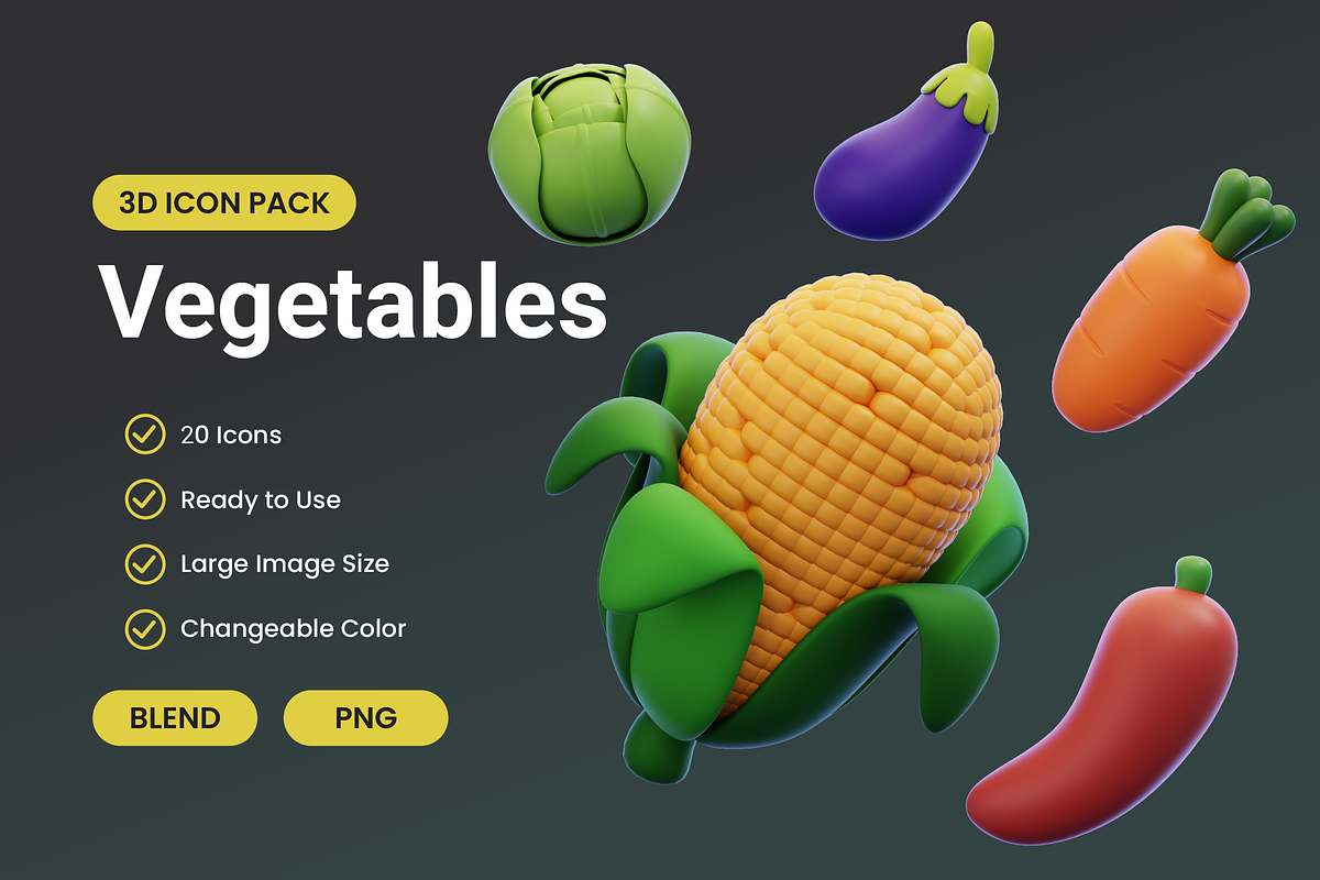 Vegetables 3D Icon Pack, a Food & Drink 3D Model by Bartama Graphic (Photo 1 of 2)
