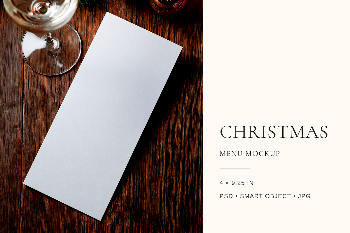 4x9.25 Christmas Dinner Menu Mockup, an Advertising Mockup by Serenefeeling (Photo 1 of 7)