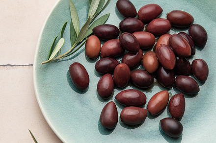 Kalamata olives with olive branches served on a modern plate, a Food & Drink Photo by Olena Rudo