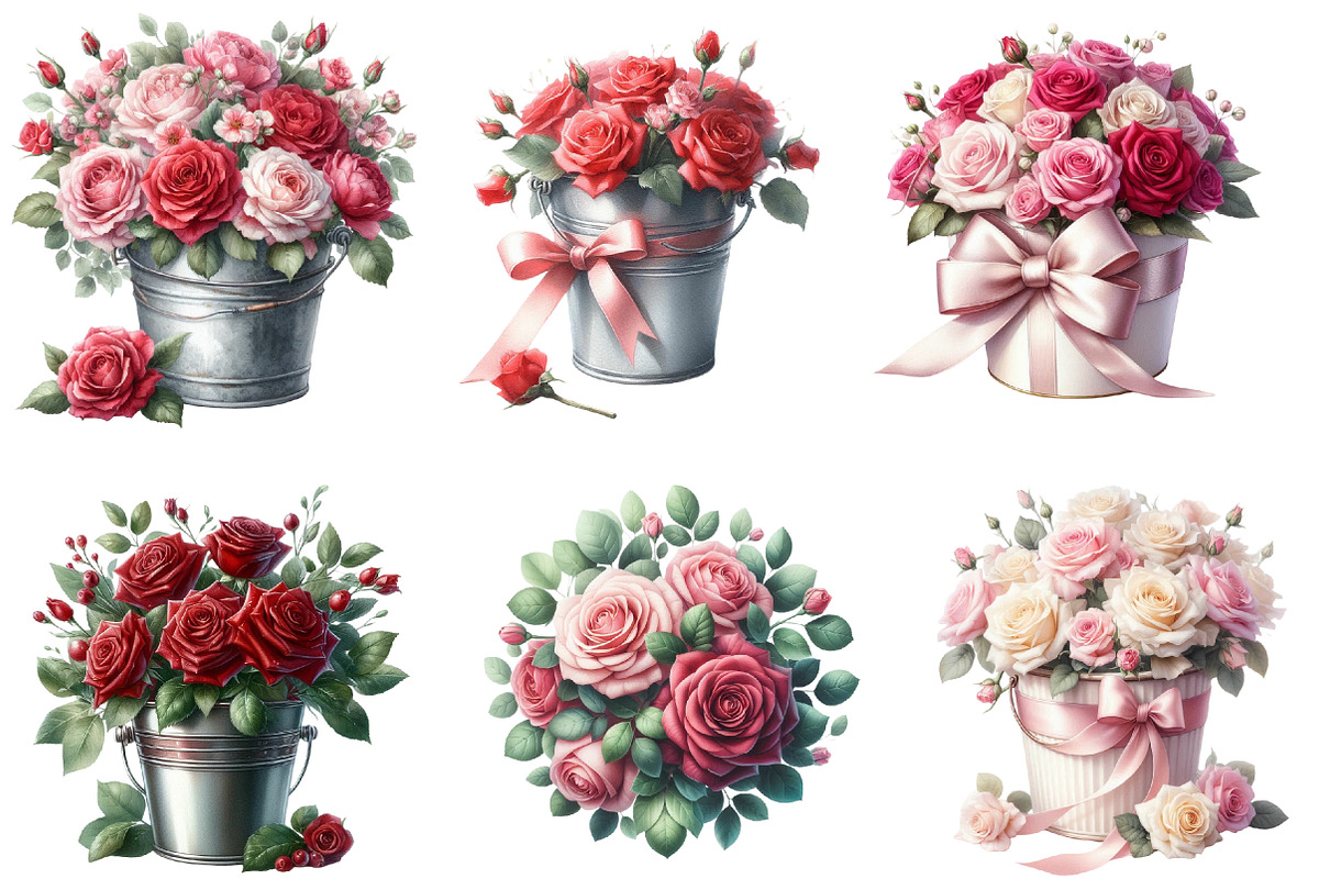 Watercolor Rose Bucket clipart, an Illustration by Designworld (Photo 2 of 5)