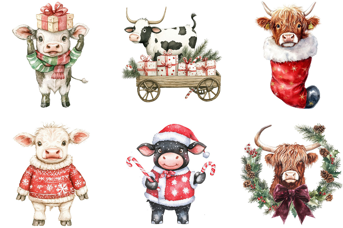 Funny Christmas Cow Clipart PNG, a Seasonal Illustration by Designking (Photo 3 of 4)