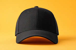 Closeup of a black baseball cap against a bright yellow background showcasing m, a Photo by AlyaAnd