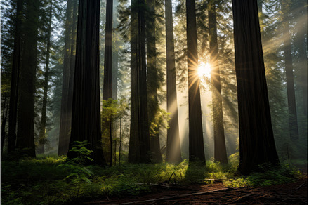 Verdant Redwood forest trees sun, a Nature Photo by Ylivdesign