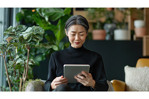 Asian woman using a tablet while, a Person Photo by Sergey Kotenev