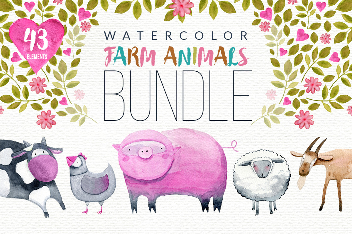 Watercolor Farm Animals Bundle, an Animal Illustration by Bibela (Photo 1 of 16)