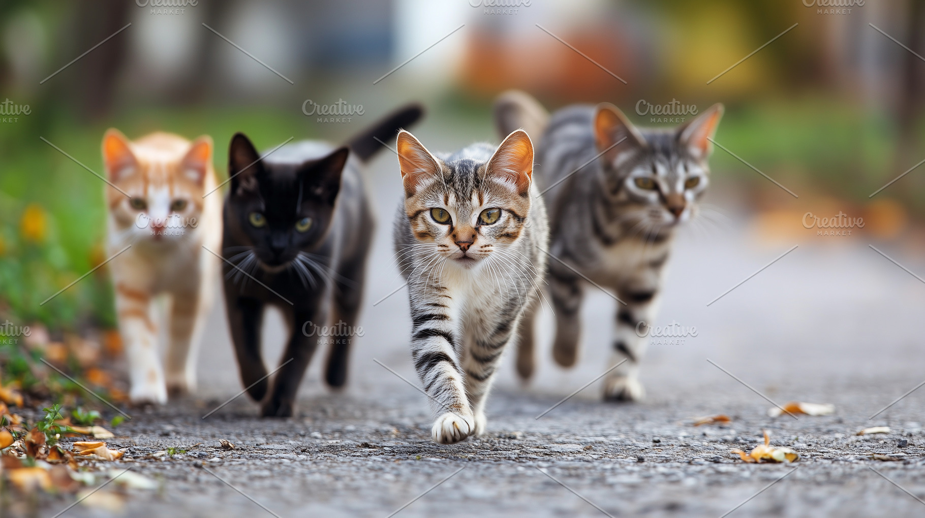 Four stray cats walking outside, an Animal Photo by MistyDay