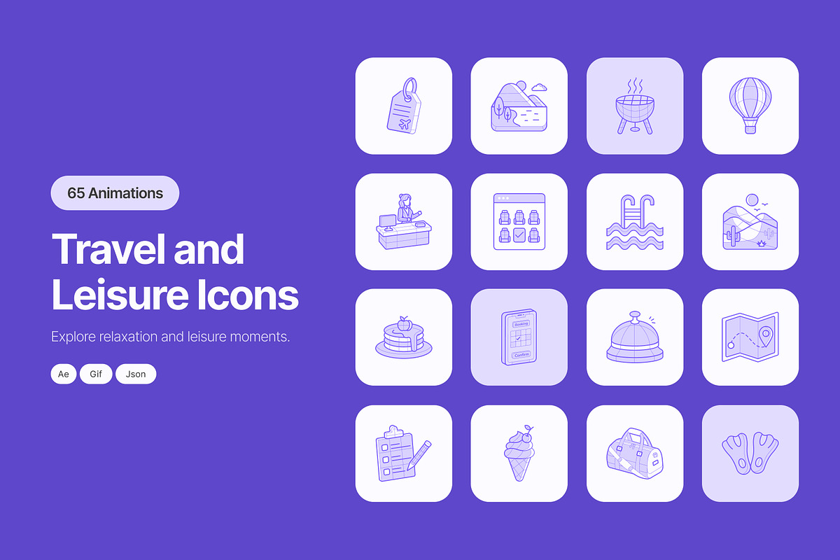 65 Animated Travel & Leisure Icons, a Duotone Icon by Prosymbols (Photo 1 of 4)