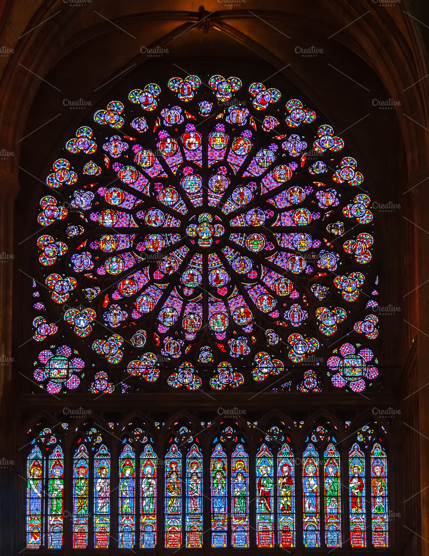 Stained glass window in notre dame d containing notre dame, stained, and glass, an Architecture Photo by sborisov