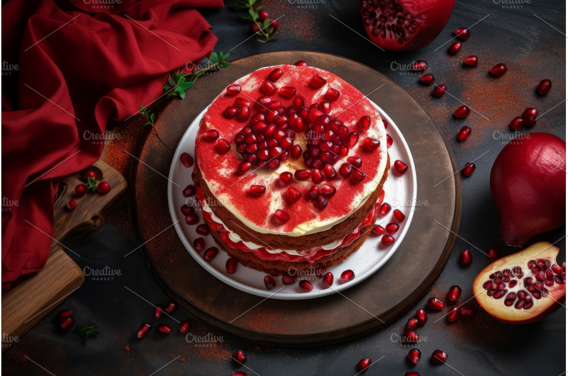 Sponge cake pomegranates studio, a Food & Drink Photo by Ylivdesign