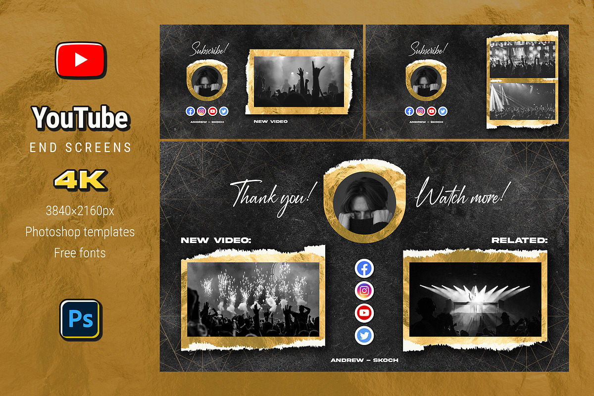 Gold YouTube End Screens, a Social Media Template by Andrew Skoch Design (Photo 1 of 5)