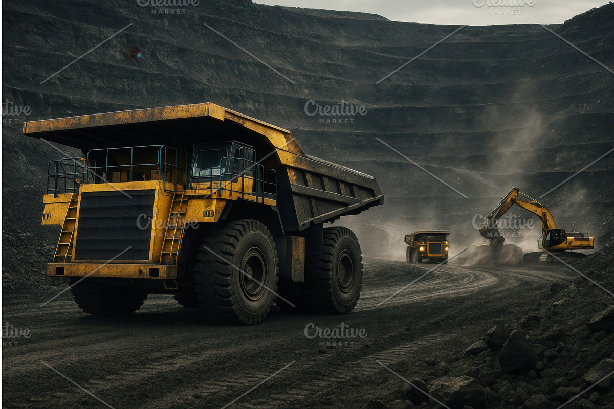 Large yellow mining trucks and an, an Illustration by Sergey Kotenev
