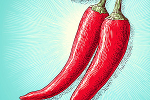 Vintage red chili peppers with green, a Food & Drink Photo by MistyDay