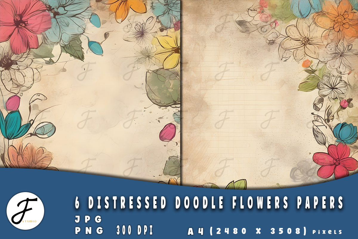 Distressed Doodle Flowers Papers, a Background Graphic by Joaquin Fernandez Studio (Photo 3 of 4)