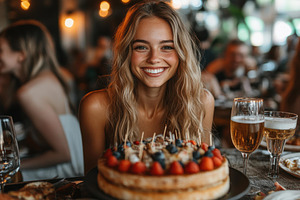 Smiling girl celebrates birthday wit, a Photo by Tanuart