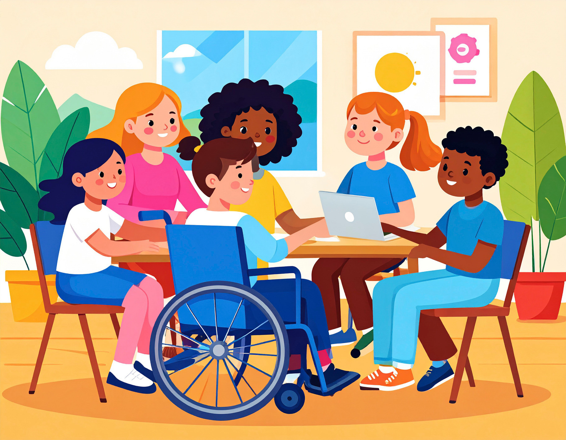 Diverse group of children learning together in a classroom, an ...