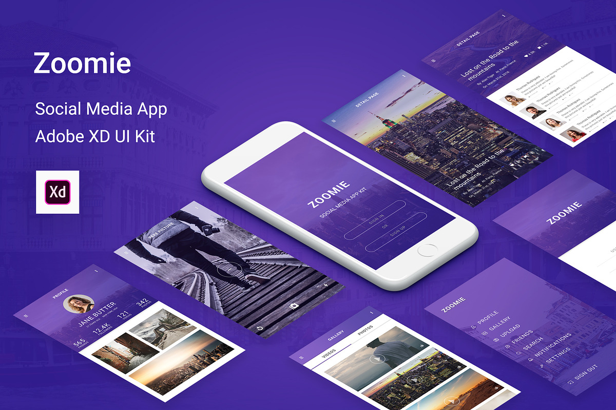 Zoomie - Social Media Adobe XD App, an UI Kit Template by themelove (Photo 1 of 9)