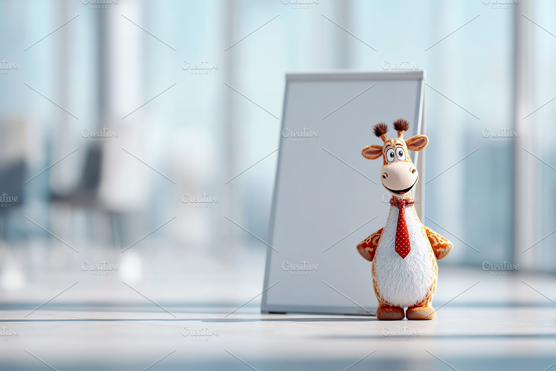Giraffe in a tie stands confidently next to a blank presentation board in a mod, a Photo by AlyaAnd