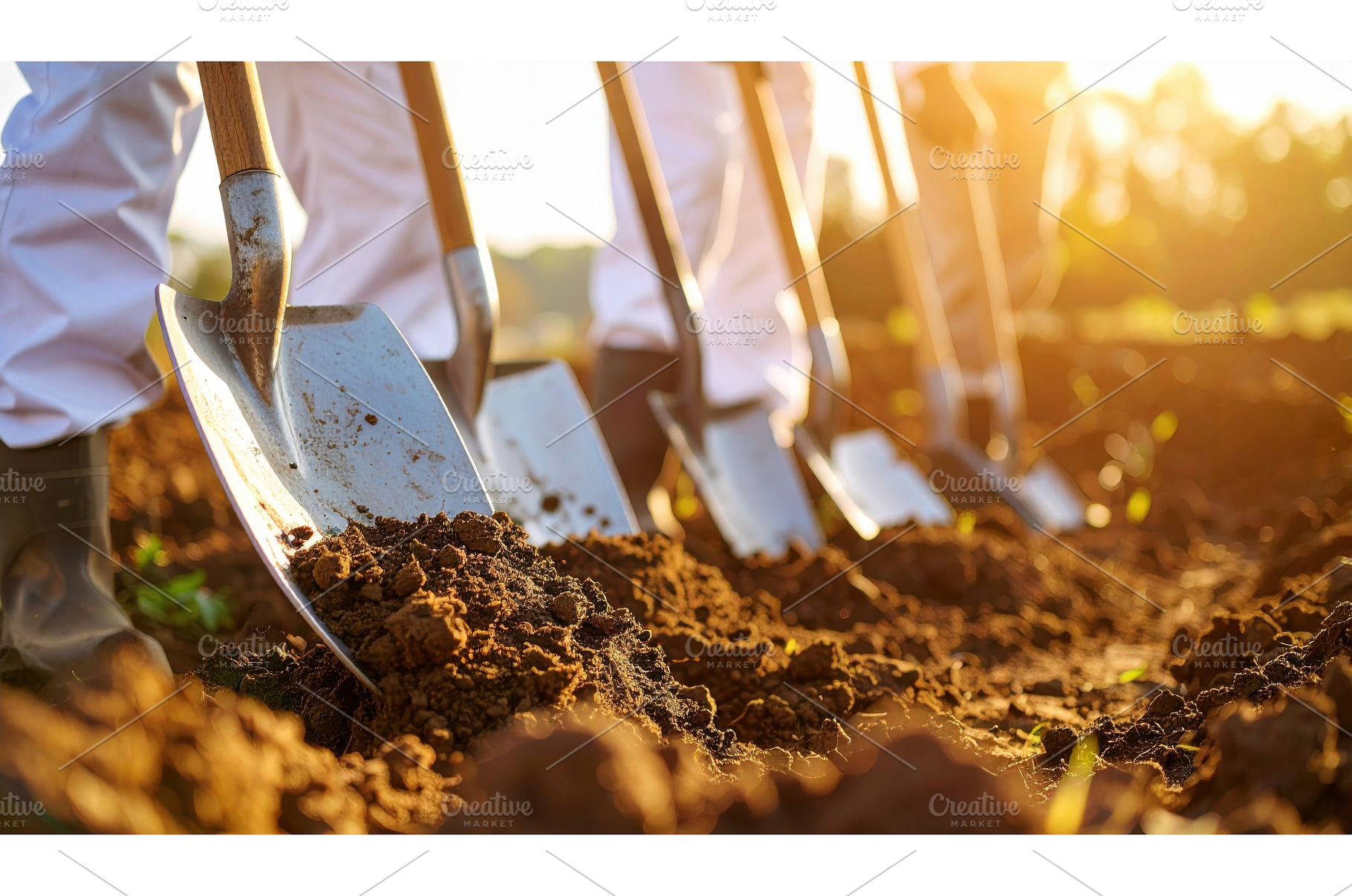 Shovels digging into soil at sunrise, a Nature Photo by Igor Tichonow