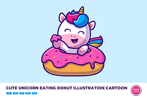 Cute Unicorn Eating Donut Cartoon