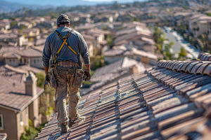 Roofer walking on residential roof o, a Photo by Pixeness Studio