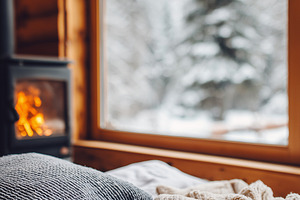 Cozy winter cabin bedroom with soft, an Architecture Photo by MistyDay