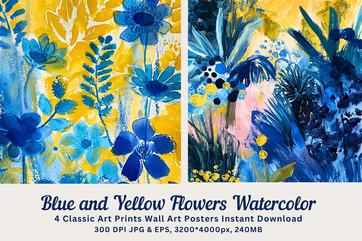 4 Blue Yellow Flower Wall Art Print, a Decorative Illustration by ARTOZEN DIGITAL (Photo 1 of 6)