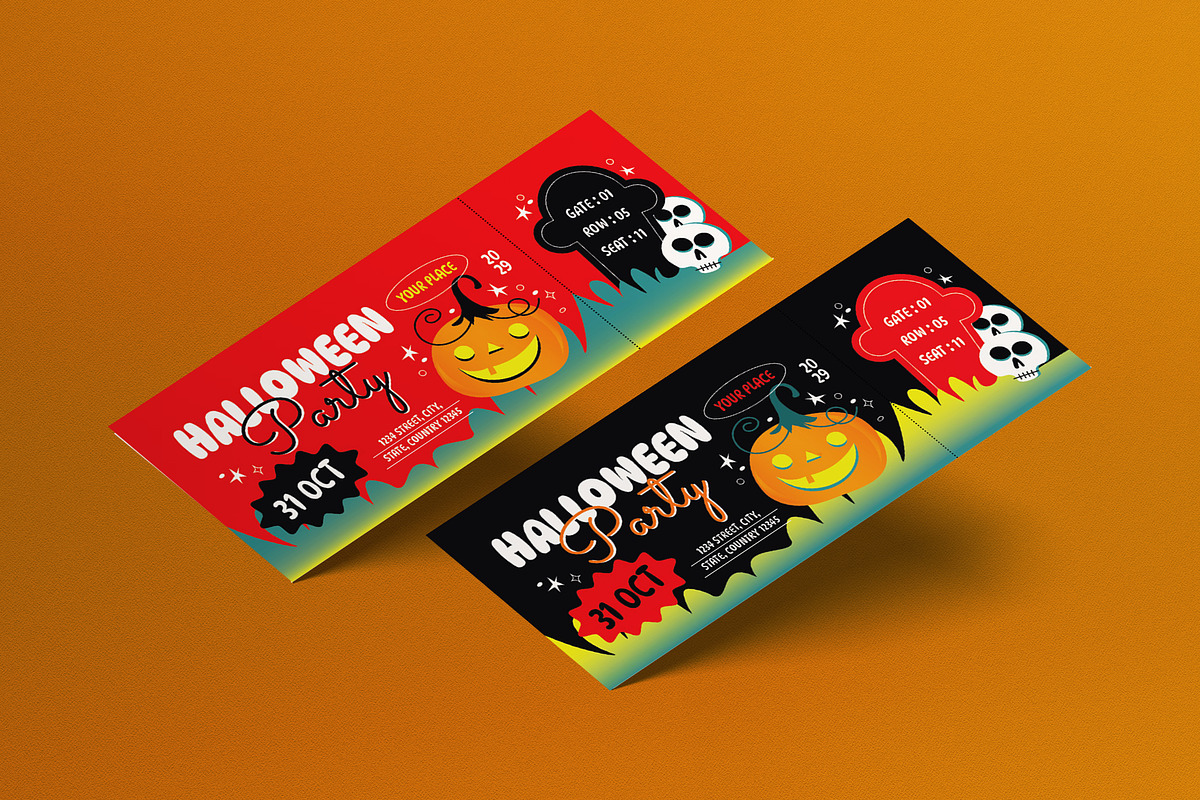 Black Flat Halloween Party Ticket, a Card Template by graphicook (Photo 1 of 3)