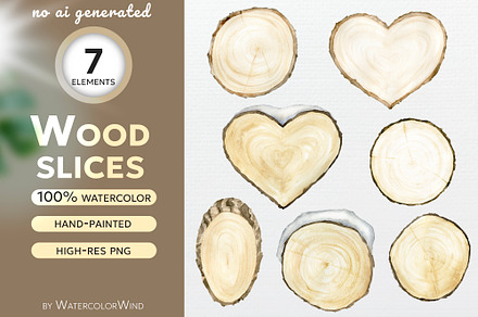 Wood slice watercolor clipart 30%OFF