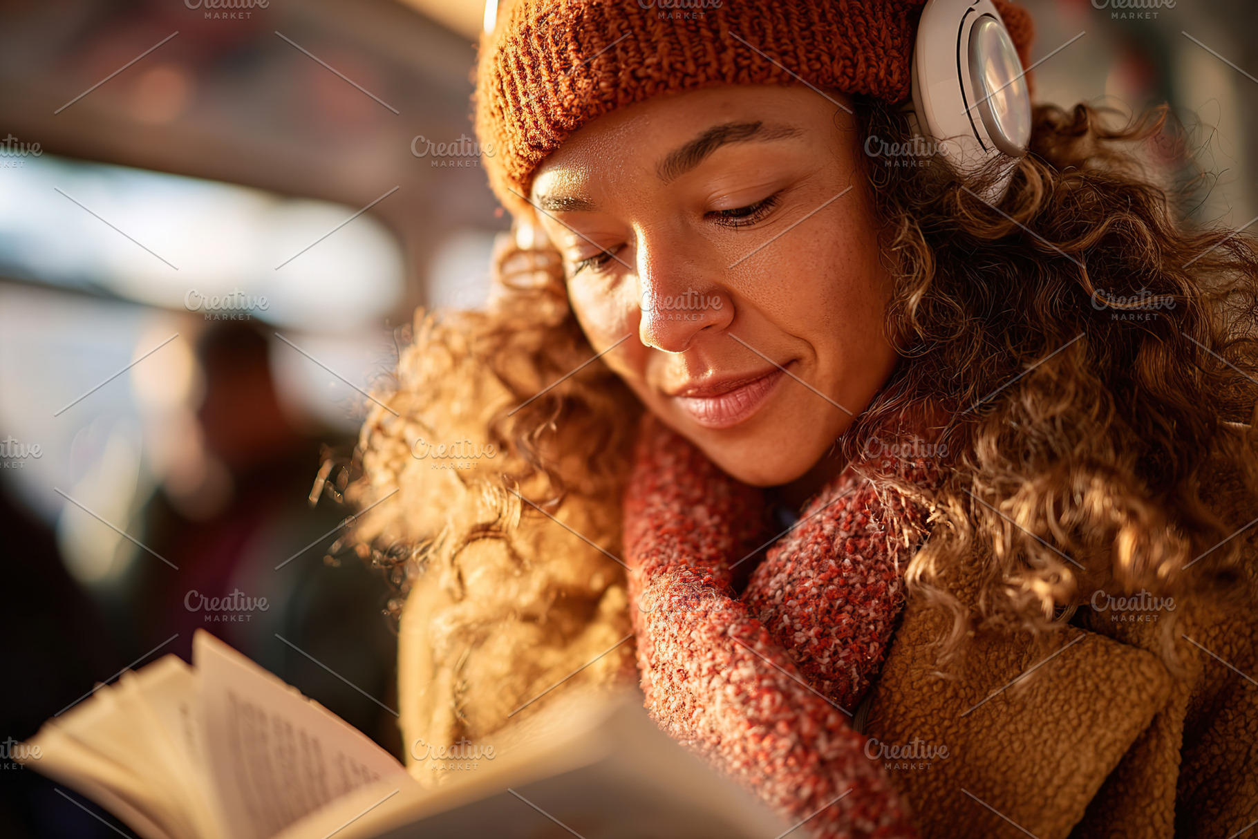 Young woman reading a book while listening to music in a public transport setti, a Photo by AlyaAnd