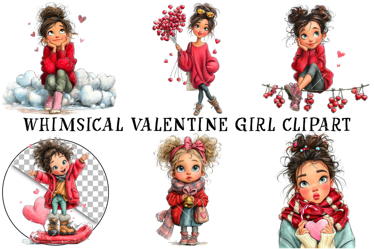 Whimsical Valentine Girl Clipart, an Illustration by OK Design (Photo 3 of 6)