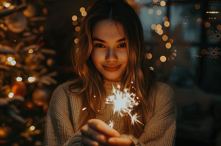 A joyful woman smiles warmly while h, a Photo by Tanuart