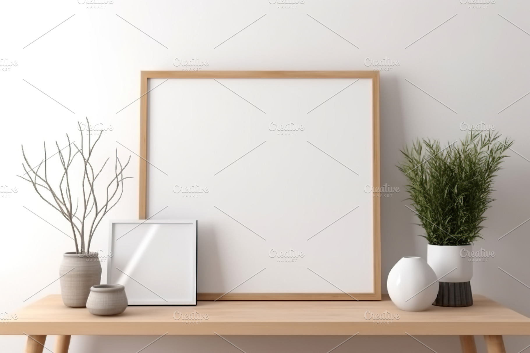 Blank print frame mockup with plants and decor on light backgrou, a Photo by Dvoevnore photos