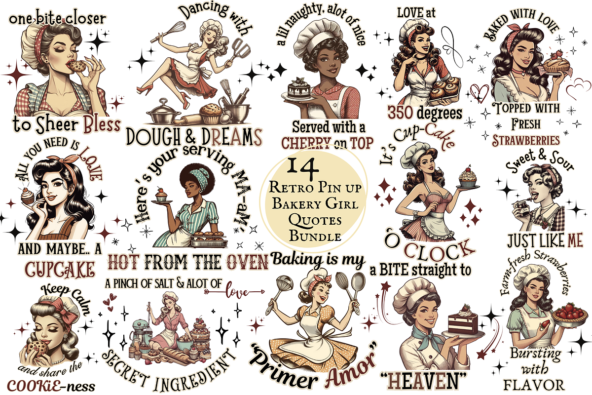 14 Retro Bakery Girl Quotes Bundle, a Food Illustration by ClipArtTime (Photo 1 of 4)