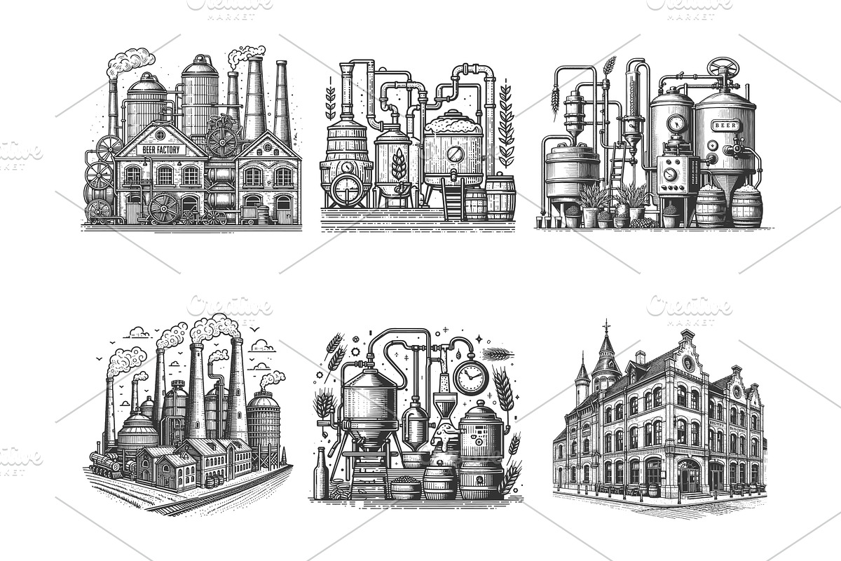 Breweries and Beer Factories set, a Food Illustration by AlexArt