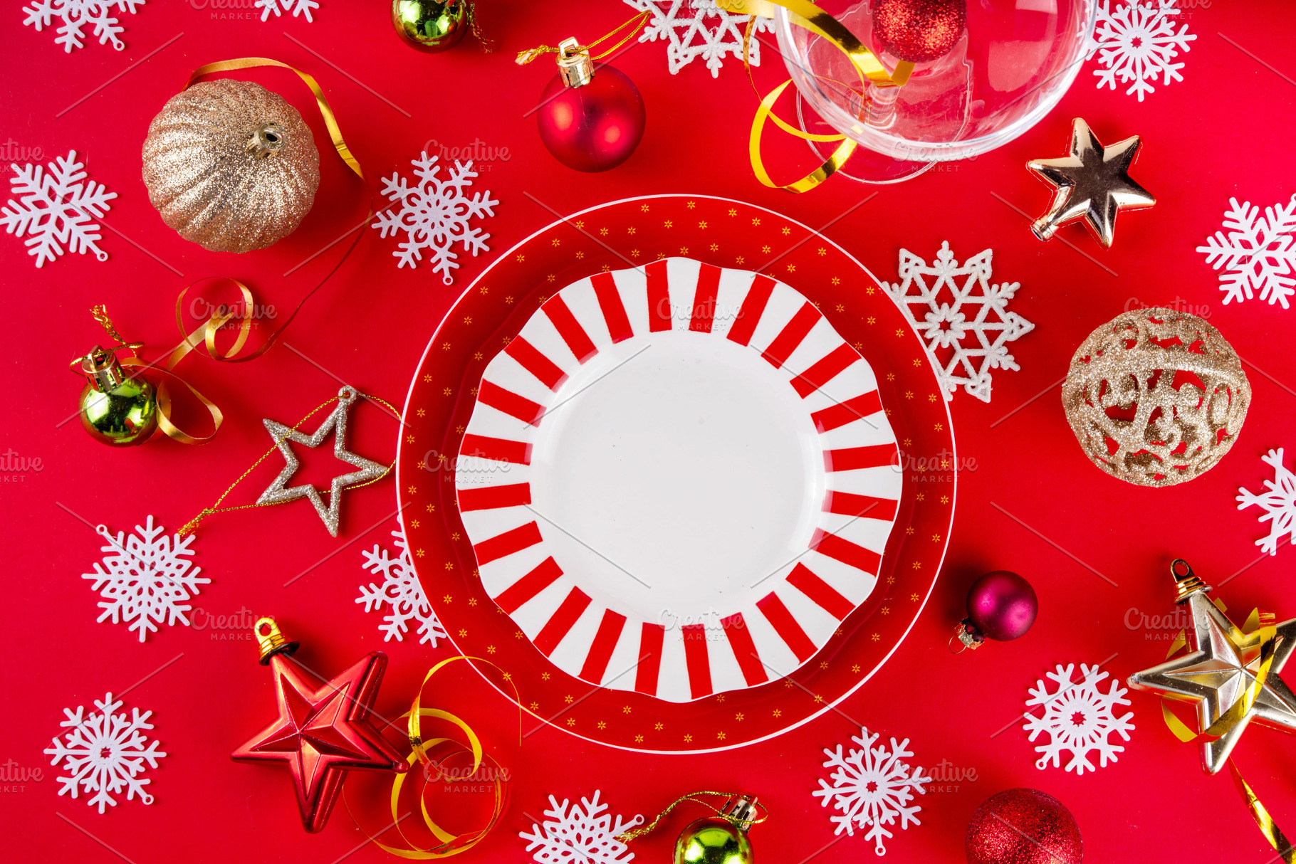Christmas, New Year table setting with plate and Xmas ornaments, a Holiday Photo by Rimma