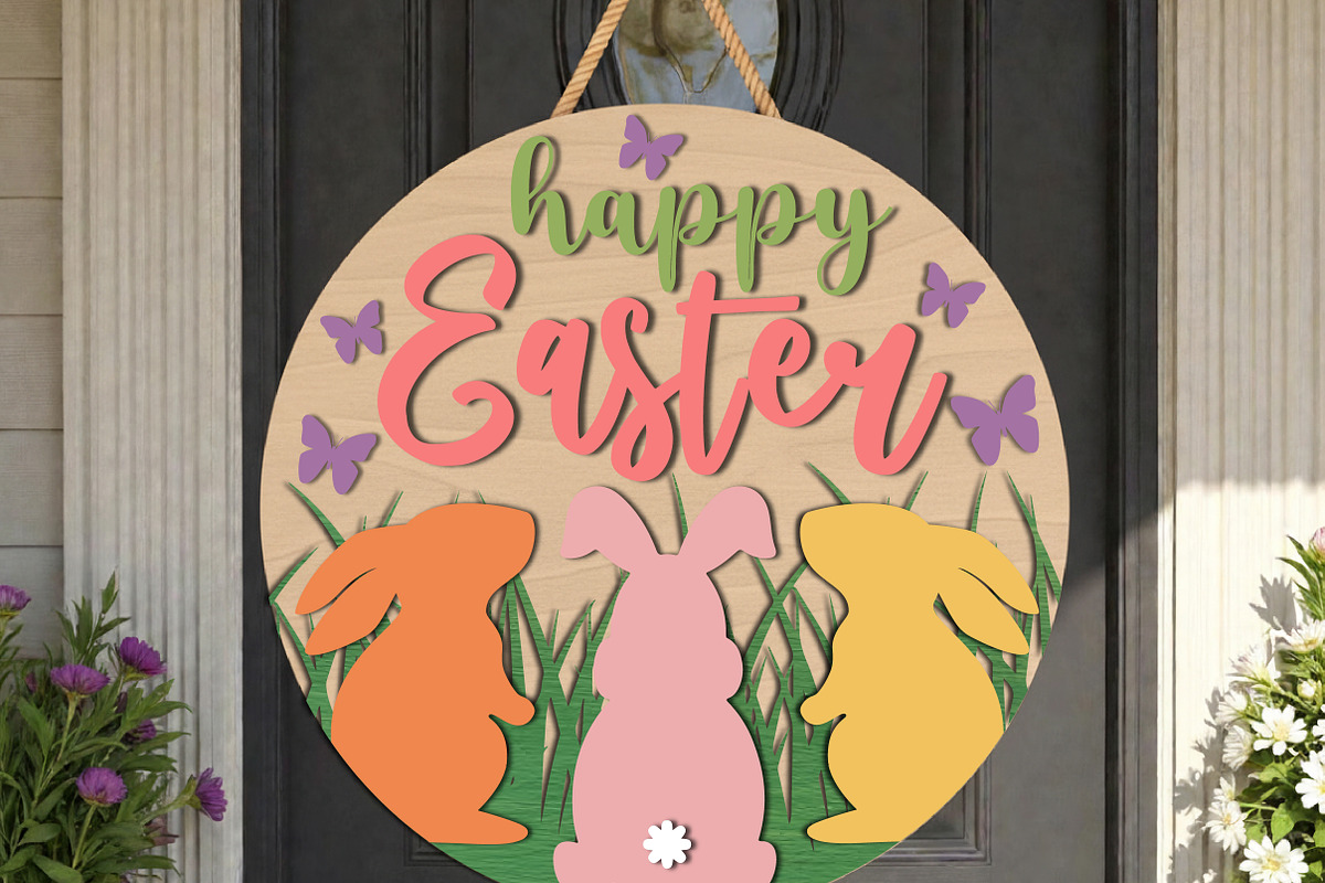 Happy Easter Bunny Door Hanger SVG, a Graphic by OK Design (Photo 1 of 3)