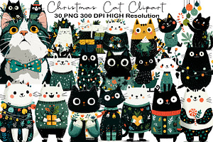 Christmas Cat Clipart, an Animal Illustration by Black Bird Studio