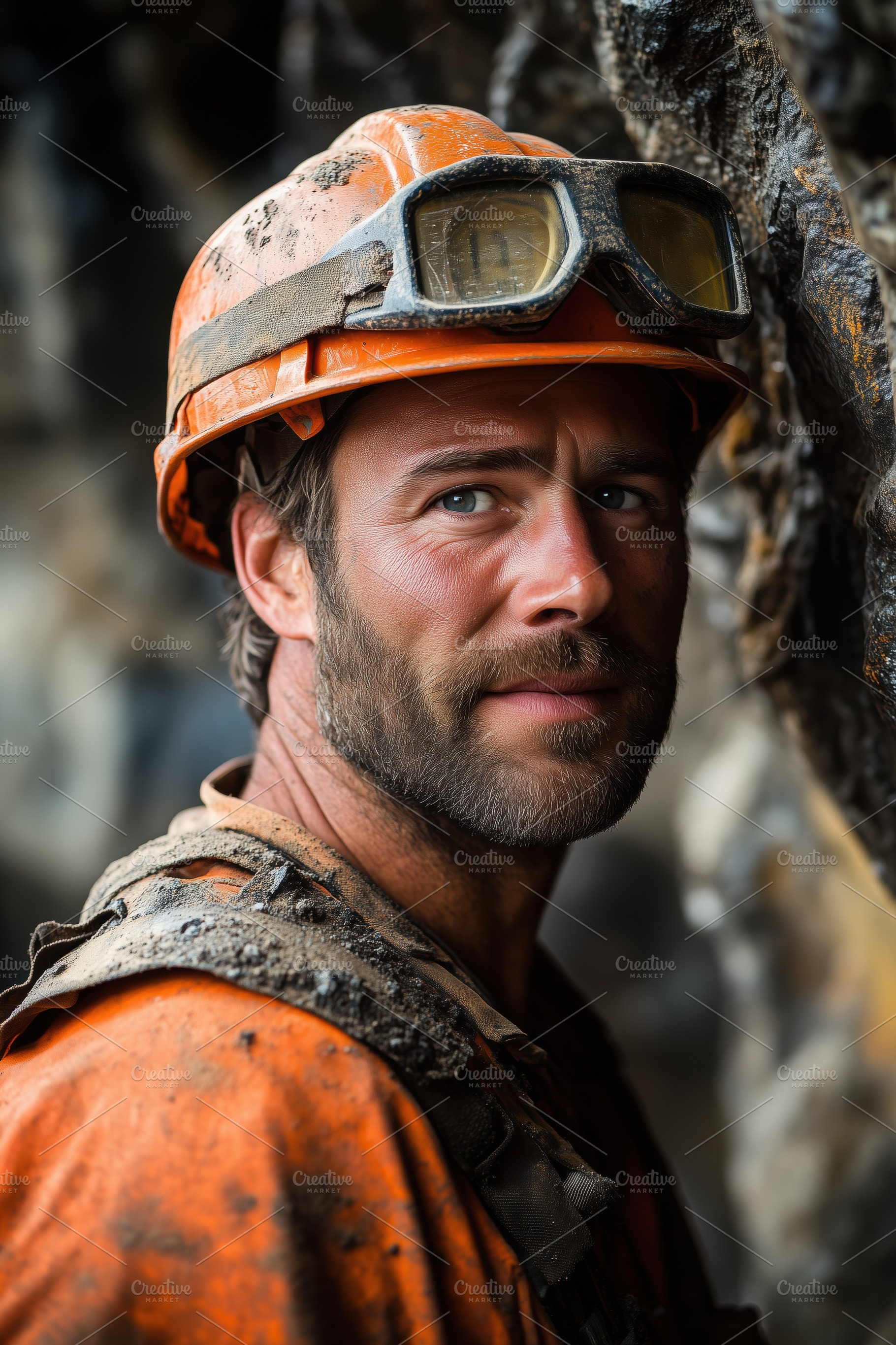 A rugged male surface mine equipment fitter miner wearing an orange ...