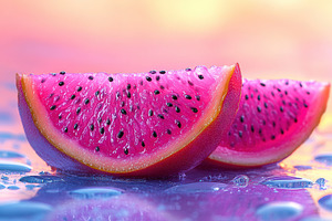 Fresh dragon fruit slices glistening, a Photo by Tanuart