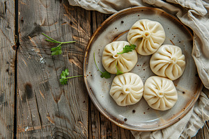 Homemade meat khinkali in plate on wooden table, a Food & Drink Photo by AlyaAnd