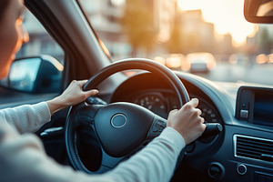 Female driver navigating city streets during golden hour in urba, a Transportation Photo by AlyaAnd