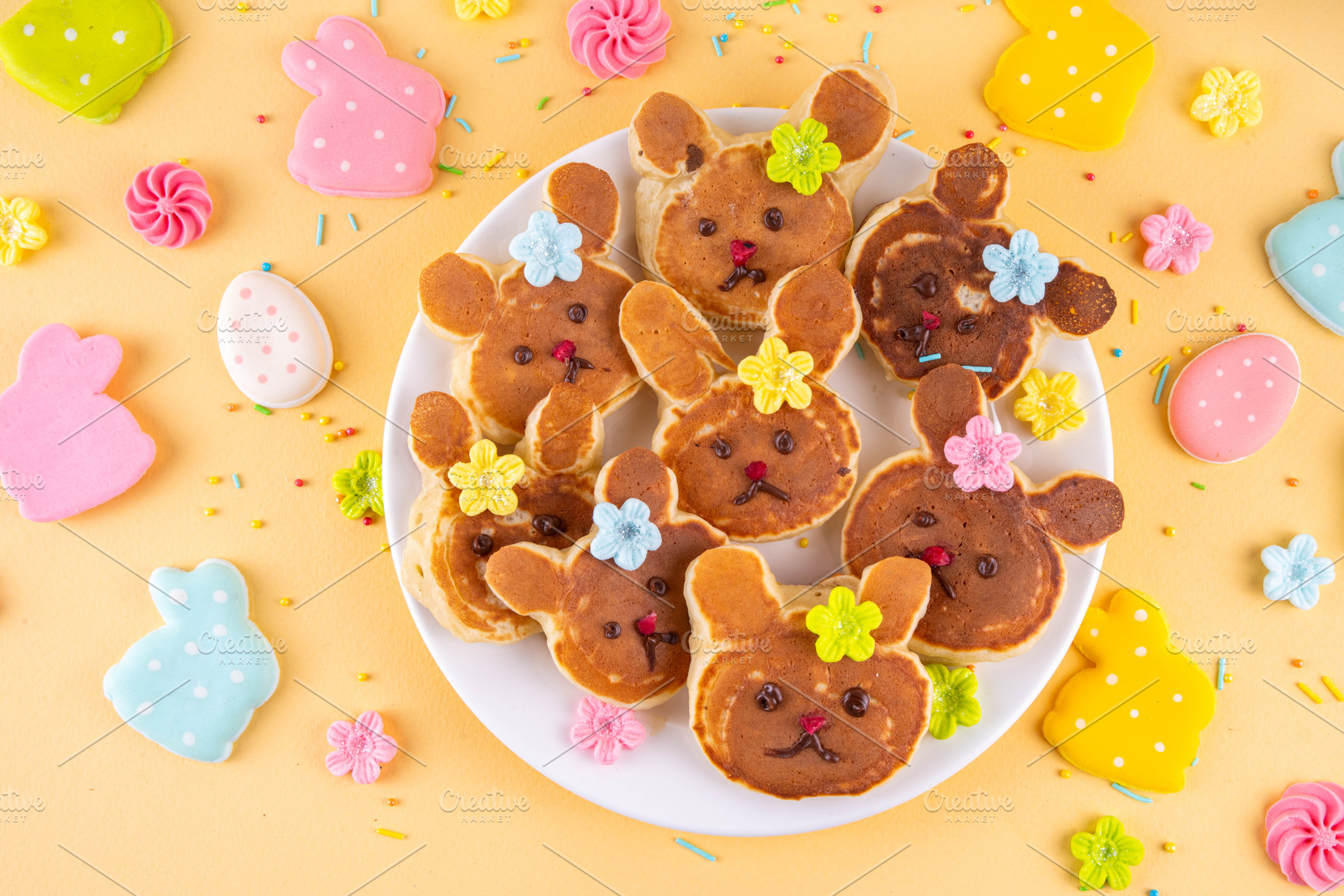 Cute and sweet Easter breakfast pancakes in form of bunny rabbit, a Food & Drink Photo by Rimma