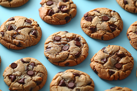 Freshly baked chocolate chip cookies on bright blue background, a Photo by AS photostudio
