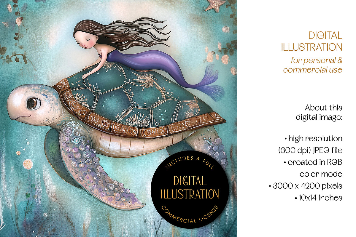 Mermaid & Sea Turtle Illustration, an Animal Illustration by The Dutch Lady Designs (Photo 4 of 4)