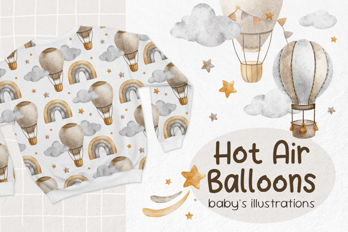 Hot Air Balloon watercolor clip art, a Decorative Illustration by Fedulova Art (Photo 1 of 16)