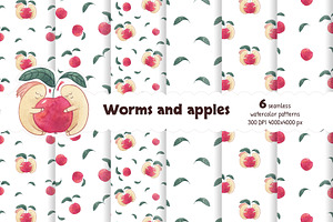 Worms and apples Watercolor patterns