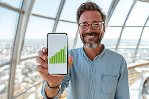 Stylish businessman smiling while showing smartphone with growth chart in moder, a Business Photo by AlyaAnd