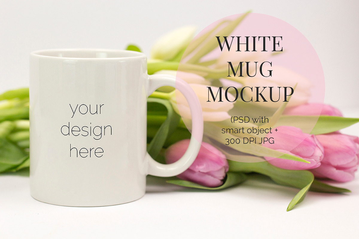 White Mug w Tulips PSD Mockup, a Product Mockup by Kreanille Design