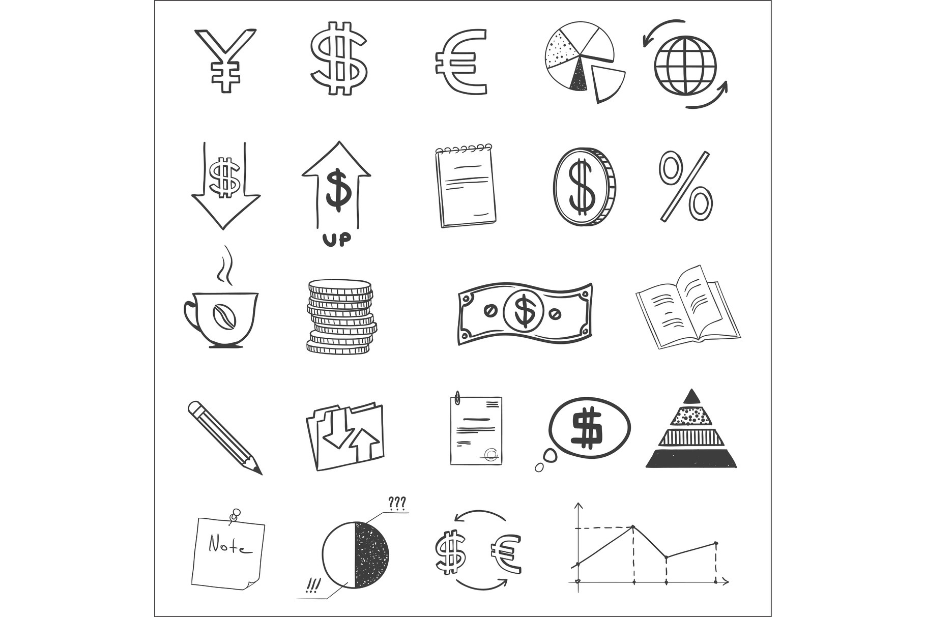 Hand draw business finance doodle sketch money icon, dollar euro sign ...