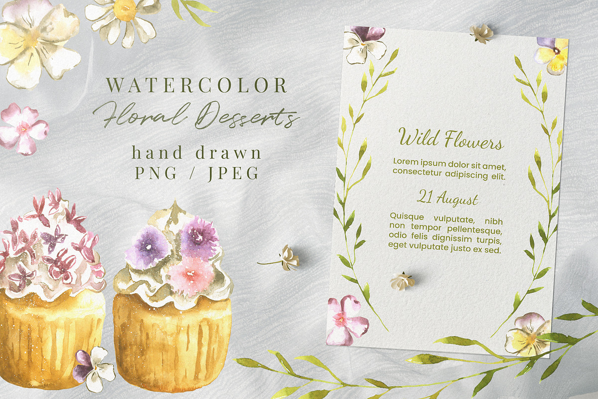 Flowers Desserts Watercolor Bundle, a Food Illustration by foxsong (Photo 1 of 12)